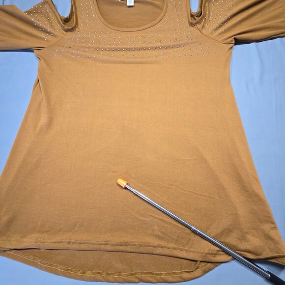 French Laundry Brown Cold Shoulder Shirt Stretch Studded Preppy Y2K Women Size L - Picture 11 of 12